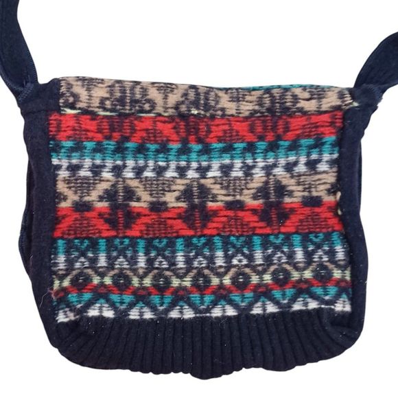 Boho Aztec Women's Crossbody Lined Button Knit Purse Bag Navy Blue Southwestern - Picture 5 of 10